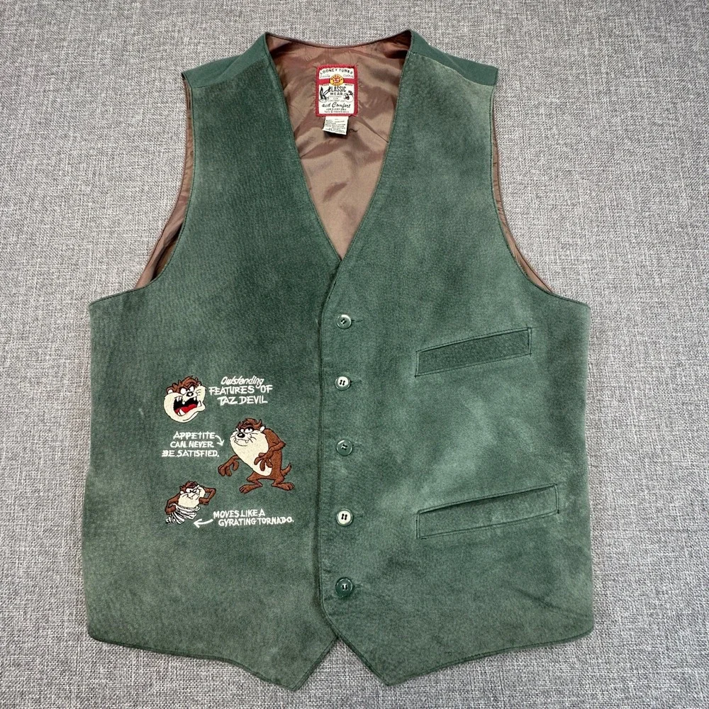 Vintage Looney Tunes Taz Vest Mens Medium Slim Fit Green Suede Leather 90s Biker